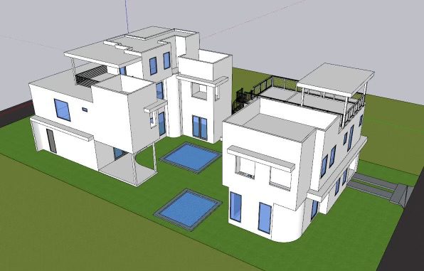 3D model of two modern houses with pools.