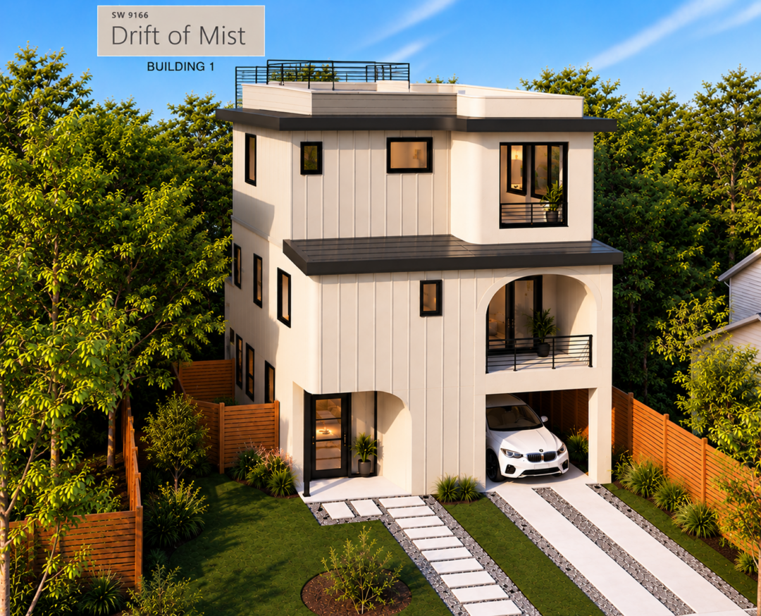 Design rendering of Ruth Avenue Unit 1 front elevation, a white custom home in Austin, TX