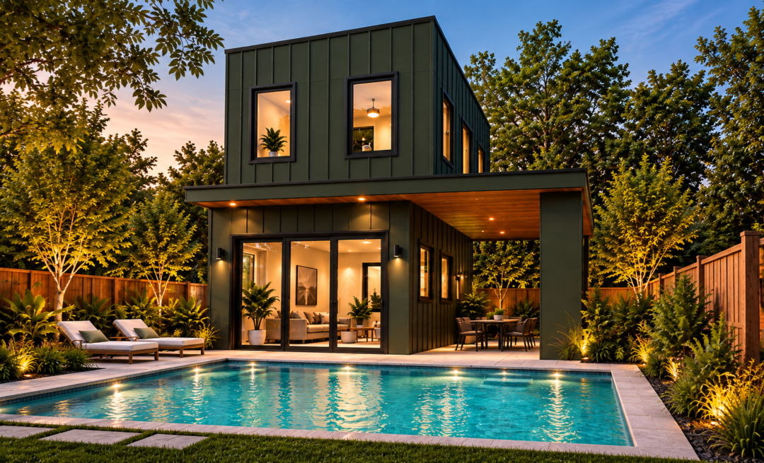 Design rendering of a detached green pool house and pool behind Ruth Avenue Unit 2 in Austin, TX