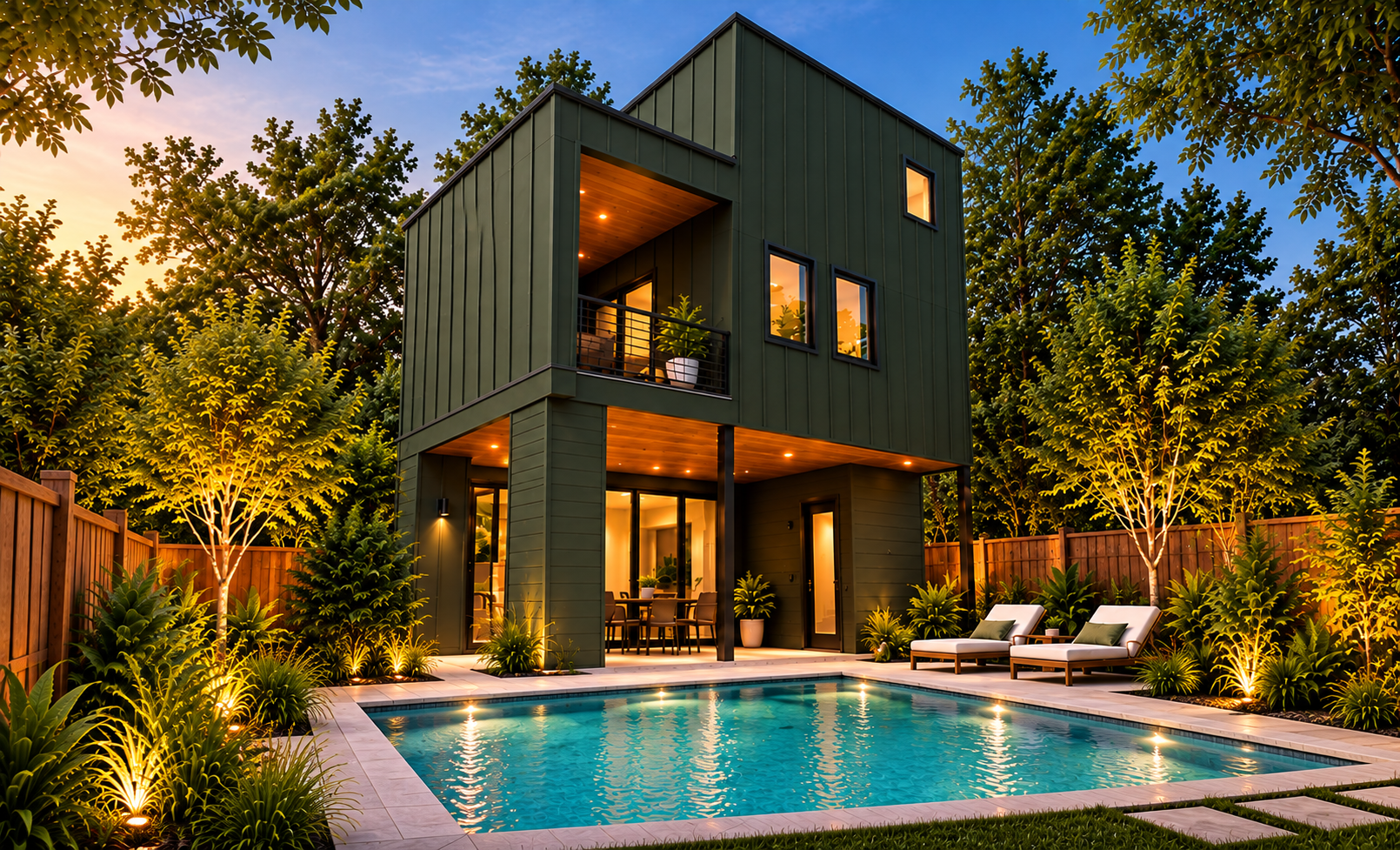 Design rendering of the green pool house, patio and pool at Ruth Avenue Unit 2 in Austin, TX